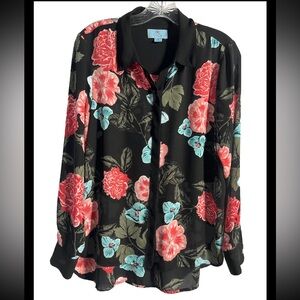 CeCe Top Women’s Medium Black Floral Long Sleeve Flowy Boho Hi Lo EUC
